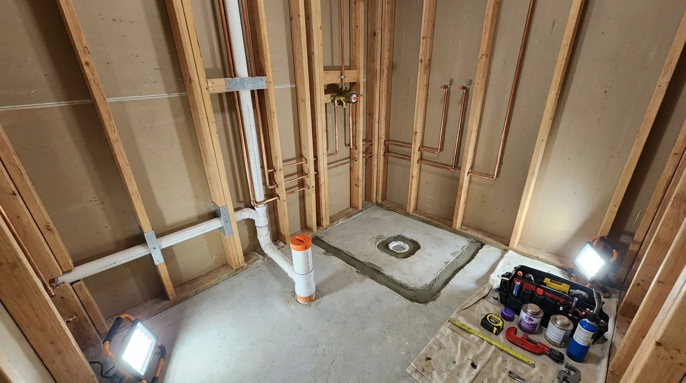 Bathroom rough-in plumbing during remodel by Johns Plumbing LLC in Wanaque