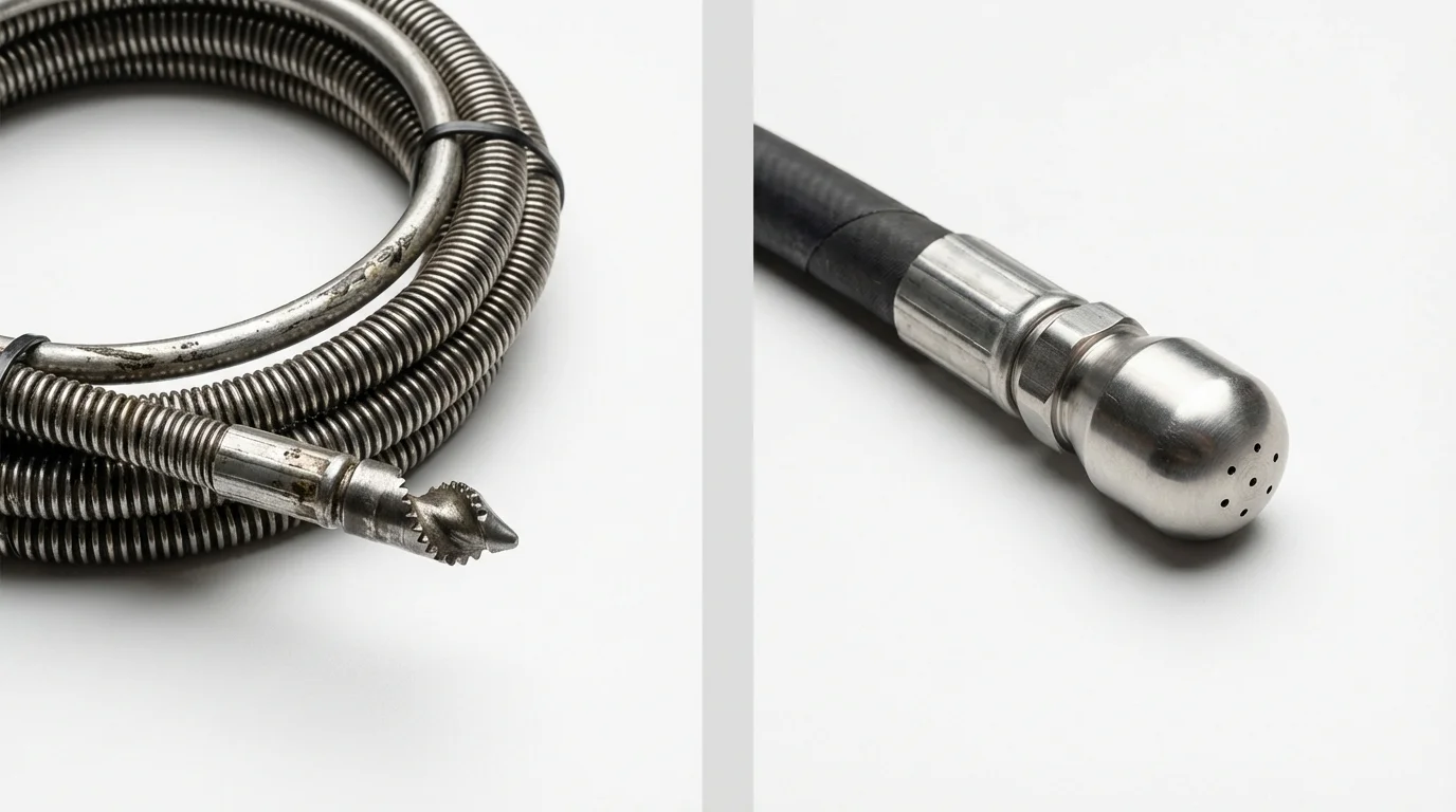Drain snake cable and hydro jetting nozzle used for drain cleaning in Wanaque, NJ