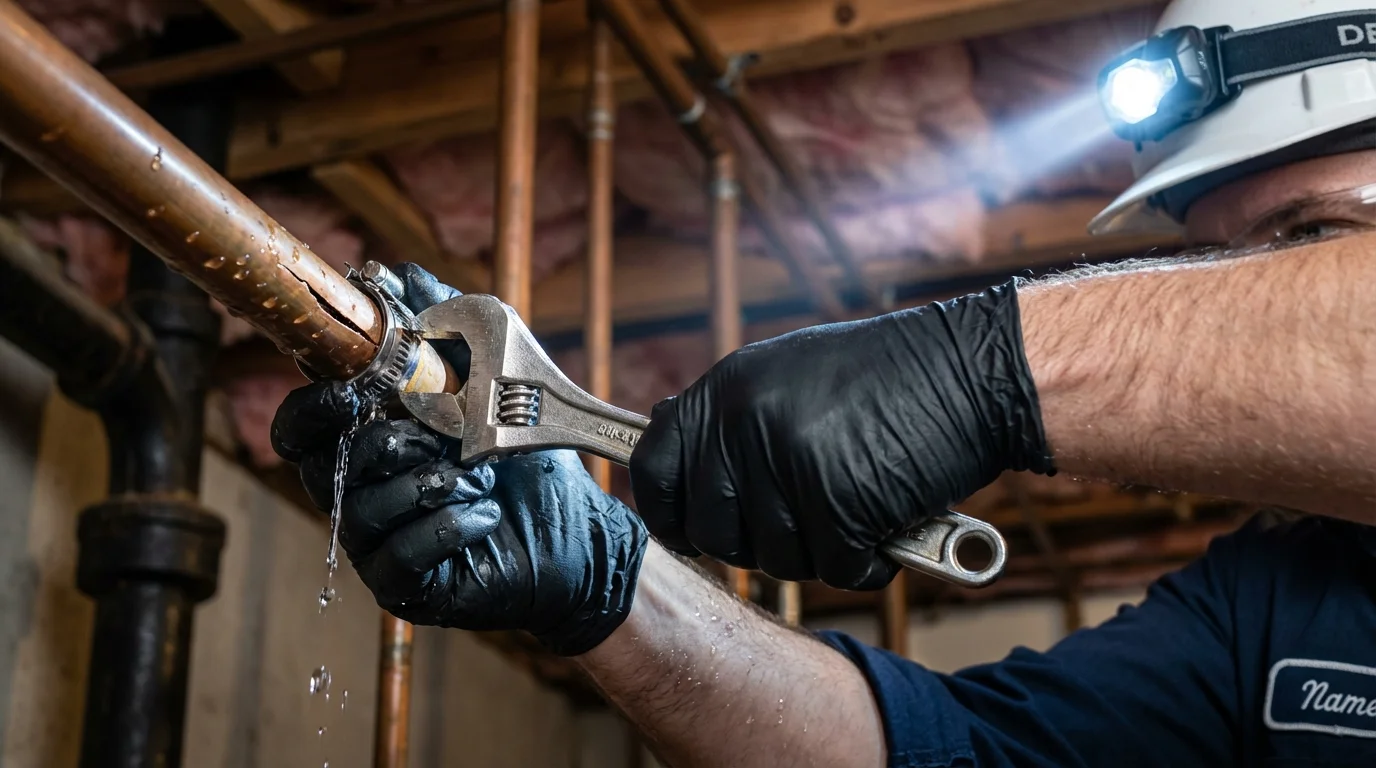 Emergency pipe clamp repair being performed by a Johns Plumbing LLC plumber in Wanaque