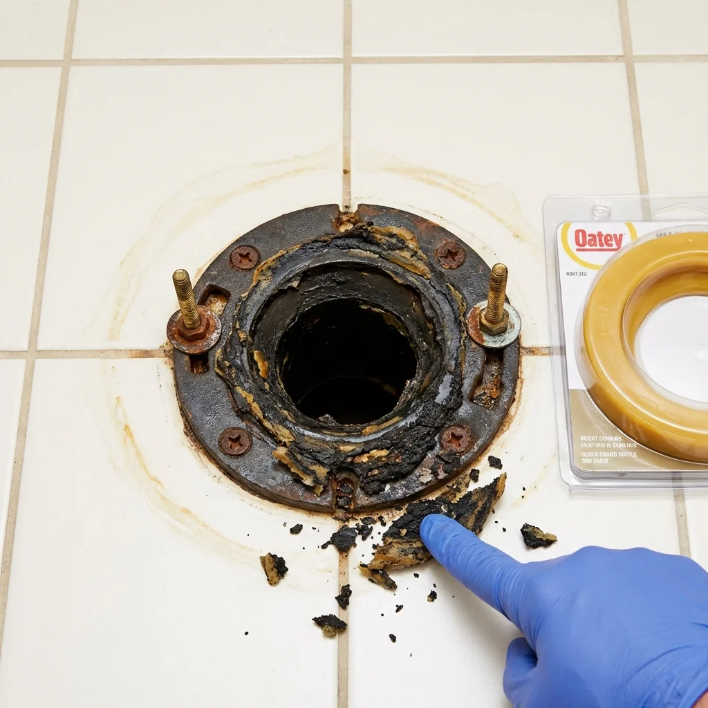 Failed wax ring showing water seepage at the base of a toilet in a Wanaque, NJ home