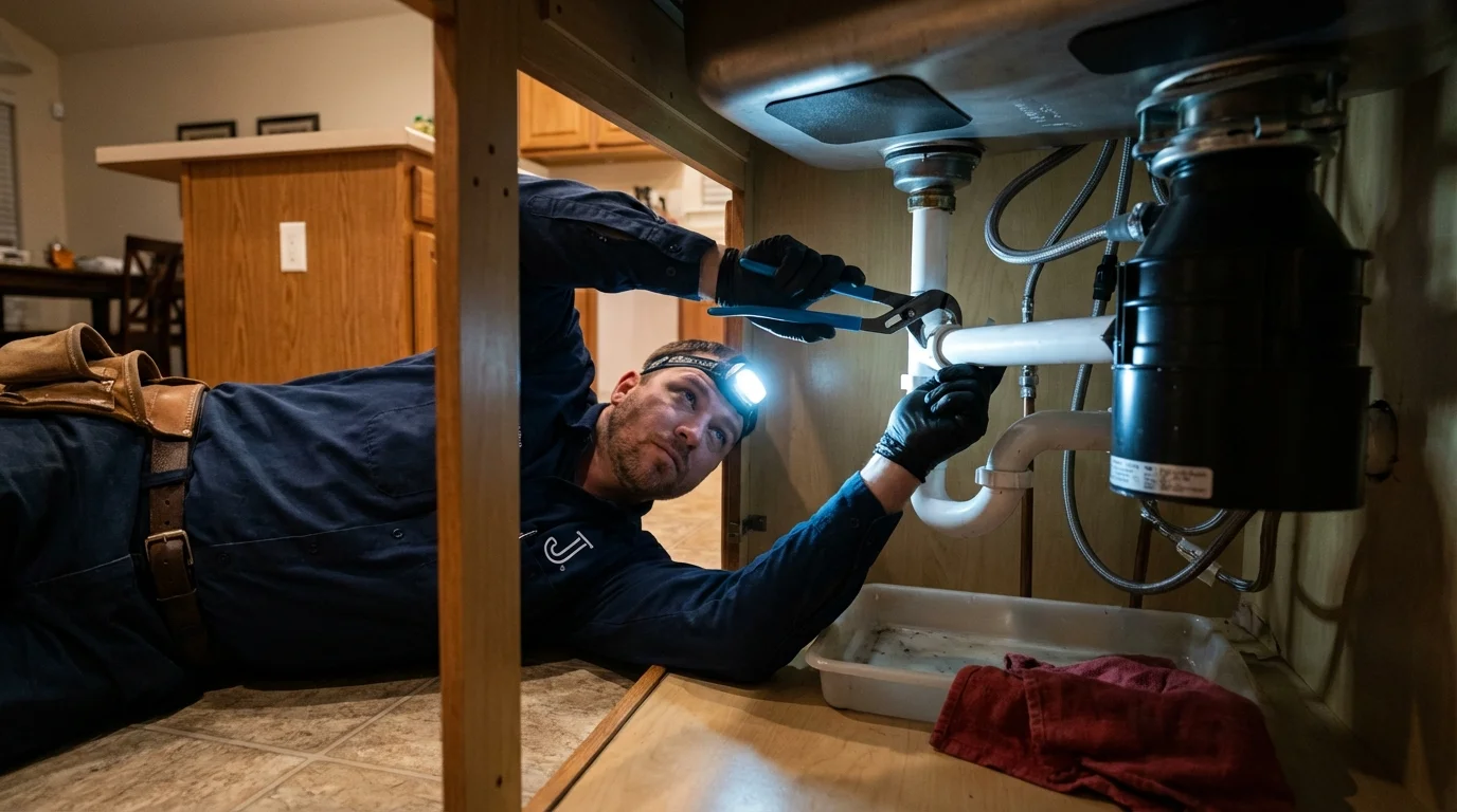 P-trap and supply line connections under a kitchen sink showing a common leak point in Wanaque, NJ